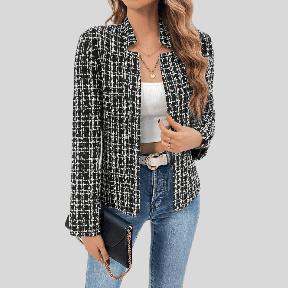 Indie | Women's Checkered Tweed Open Front Blazer
