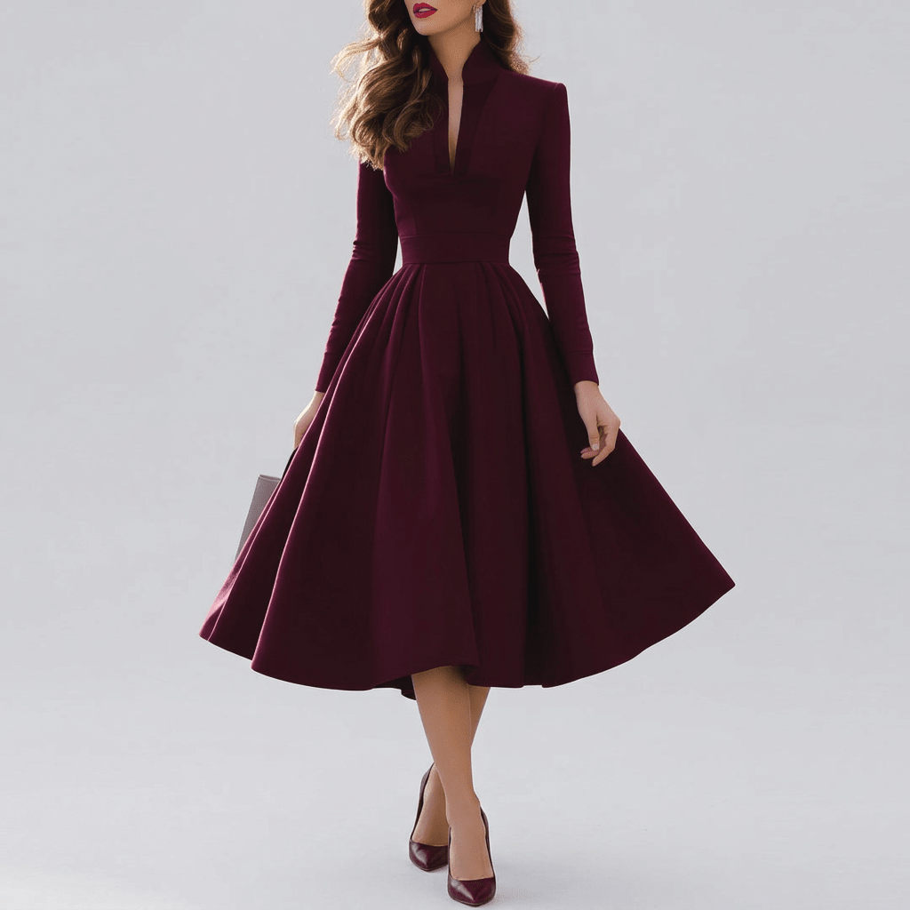 Sloane | Women's Long Sleeve Pleated V-Neck Midi Dress