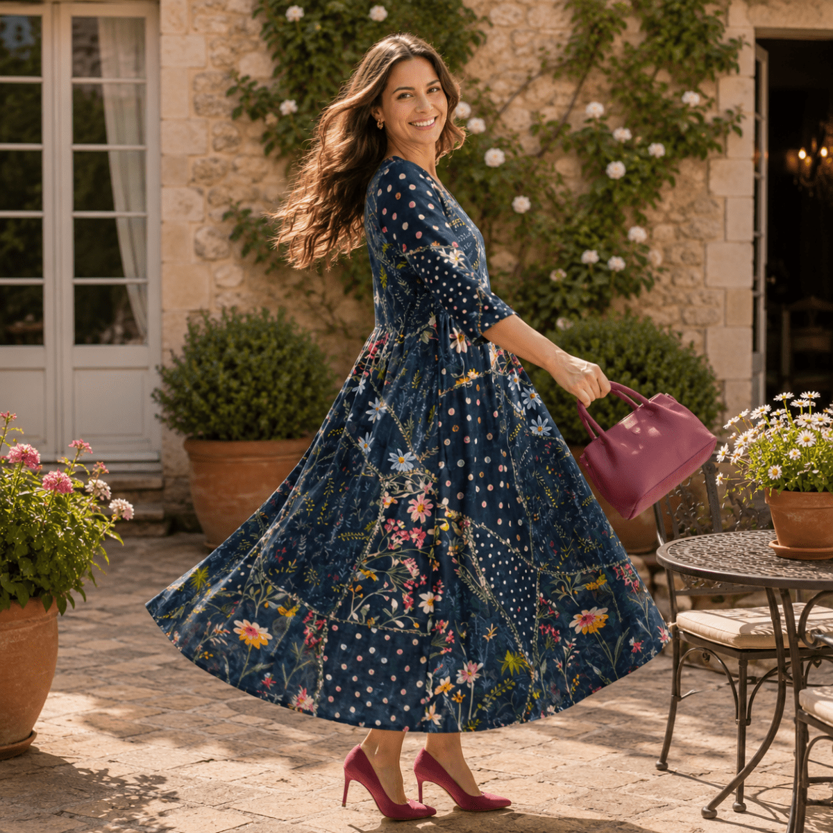 Noa | Women's Floral Gathered Long Sleeve Midi Dress