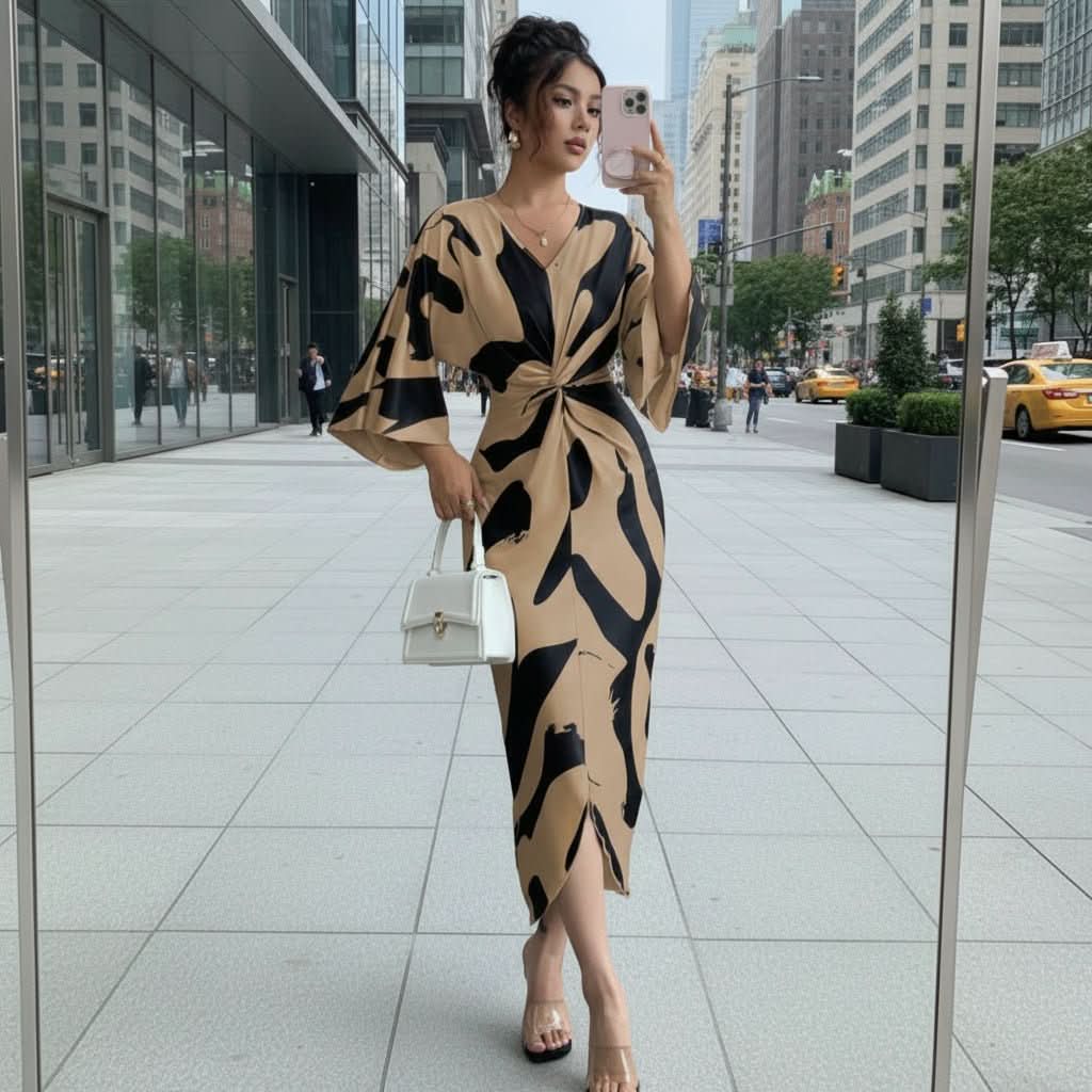 Faye | Women's Abstract Print Twist Waist Midi Dress