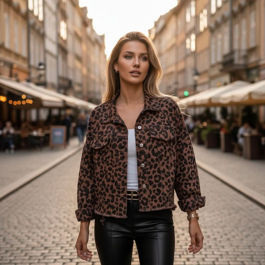 Lyra | Übergroße Jacke mit Leopardenmuster und ausgefransten Kanten für Damen