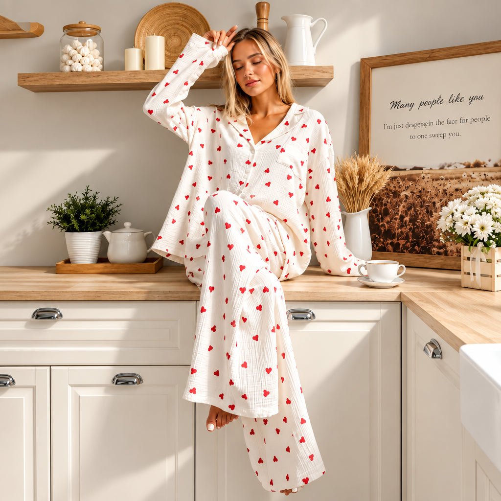 Indie | Women's Heart Print Two-Piece Pyjama Set