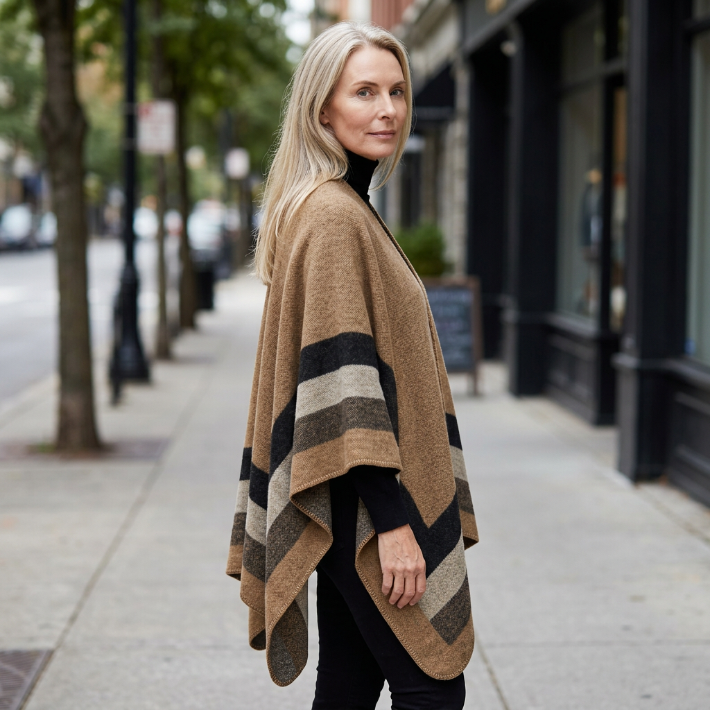 Camel poncho three-quarter view