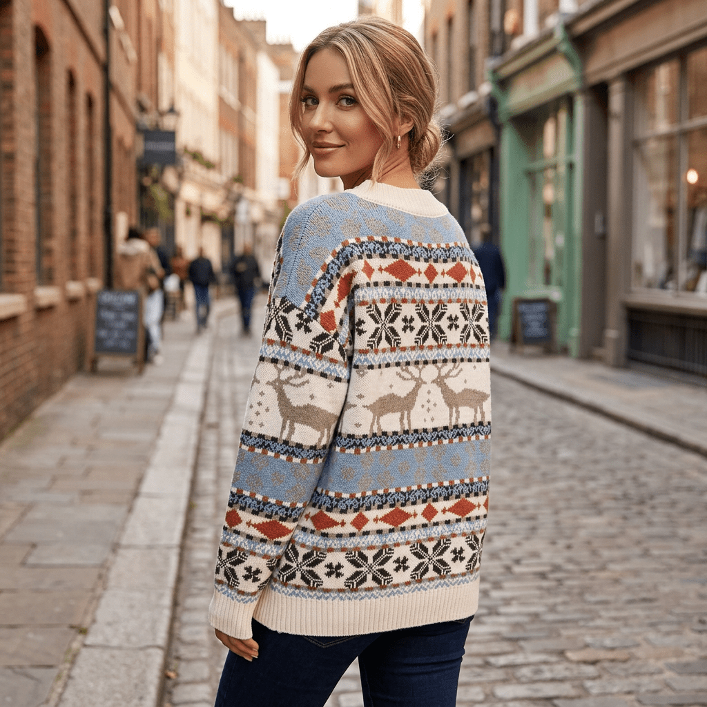 Cream sweater back-view sidewalk image