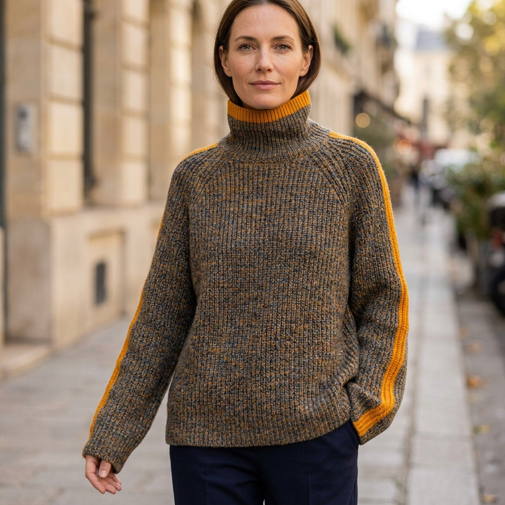 European woman wearing the Lyla sweater on a city sidewalk