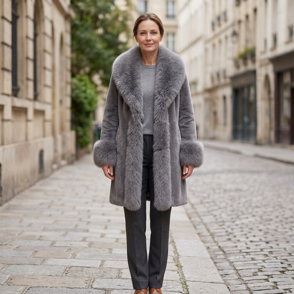 Grey coat with corrected length and whole product visible