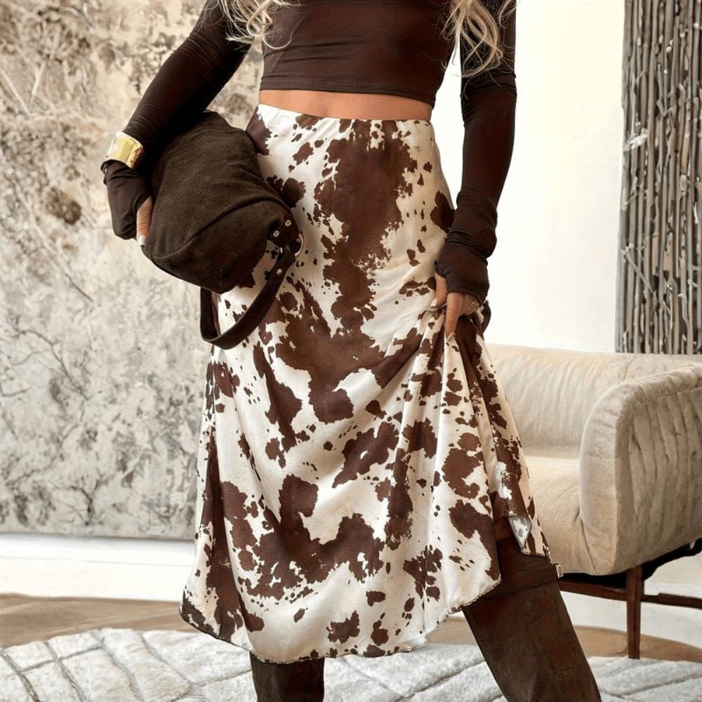 Billie | Women's Cow Print Flowing Midi Skirt