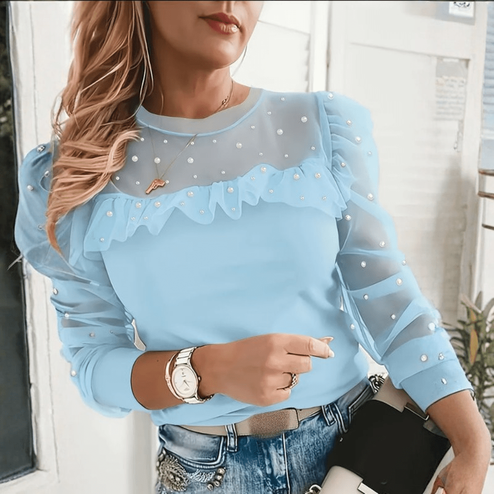 Noa | Women's Icy Blue Beaded Long Sleeve Top