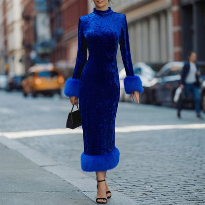 Lourdes | Women's Long Sleeve Velvet Feather Trim Maxi Dress