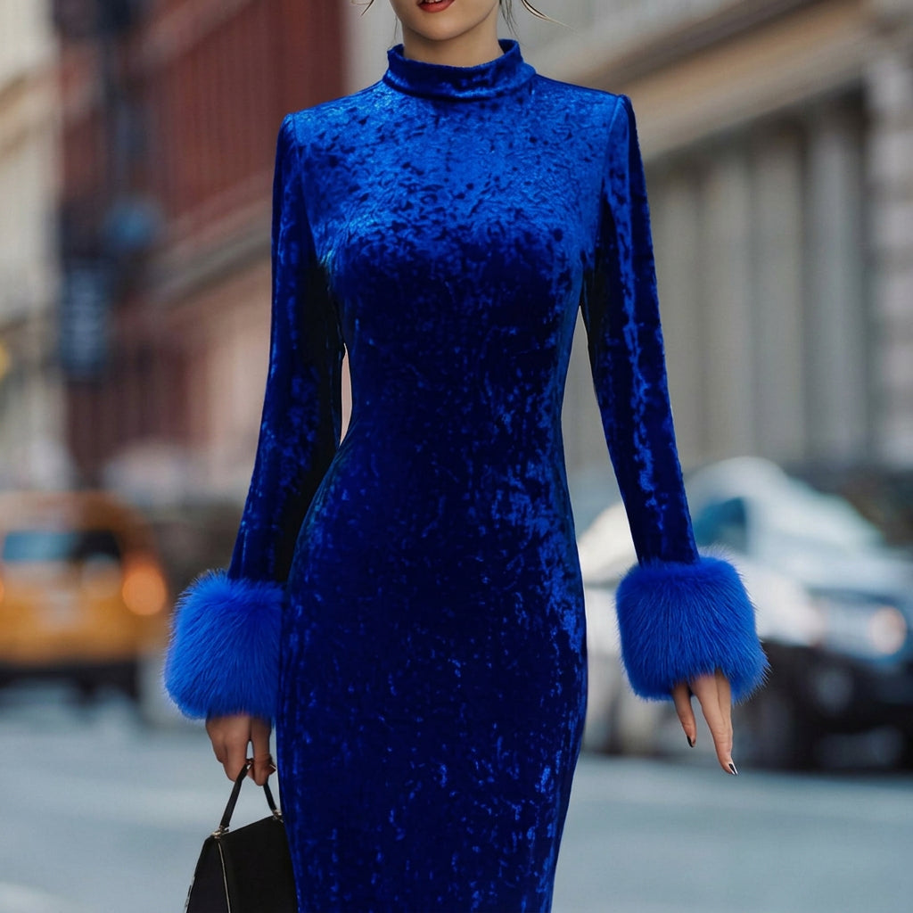 Lourdes | Women's Long Sleeve Velvet Feather Trim Maxi Dress