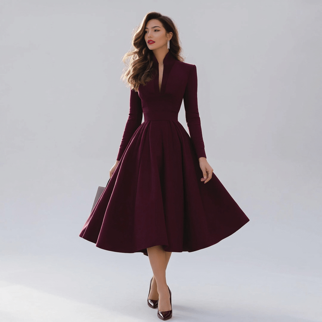 Sloane | Women's Long Sleeve Pleated V-Neck Midi Dress