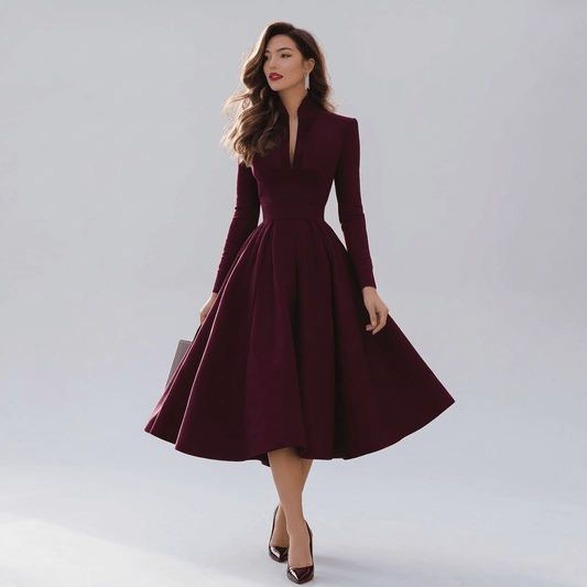Sloane | Women's Long Sleeve Pleated V-Neck Midi Dress