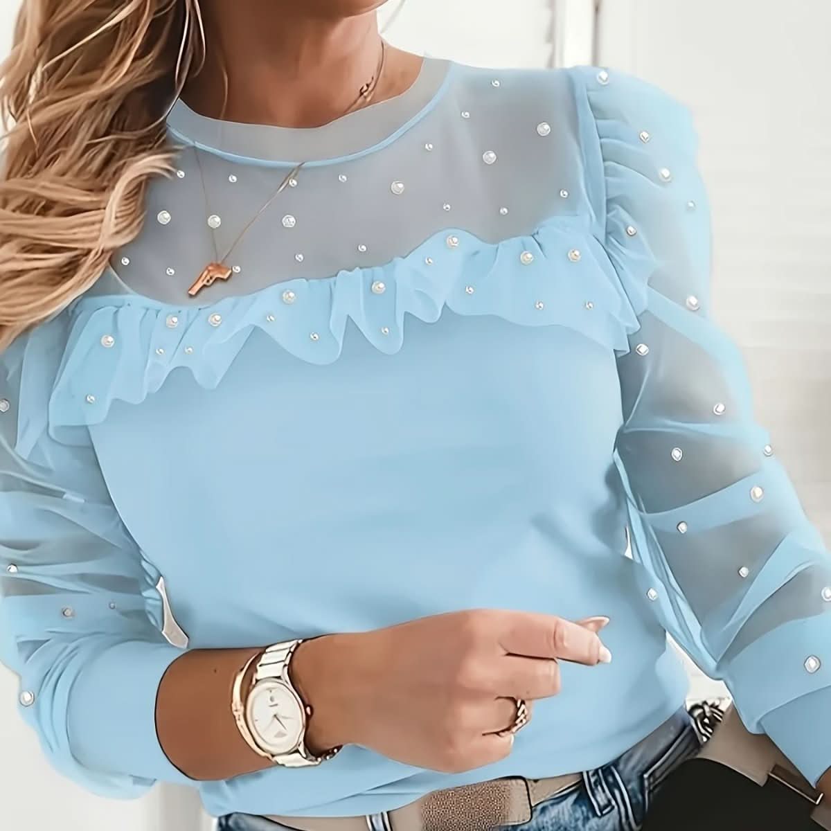 Noa | Women's Icy Blue Beaded Long Sleeve Top