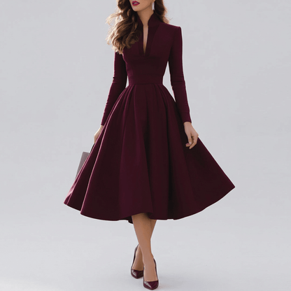 Sloane | Women's Long Sleeve Pleated V-Neck Midi Dress