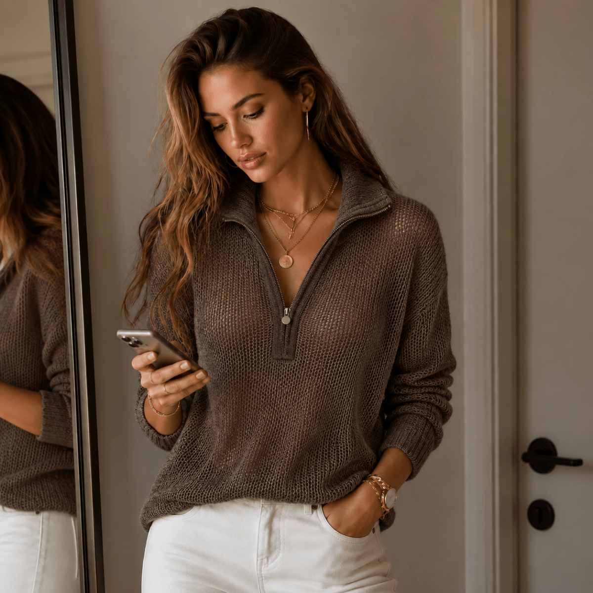 Brittni | Damen-Winterpullover aus Strick mit halbem Reißverschluss