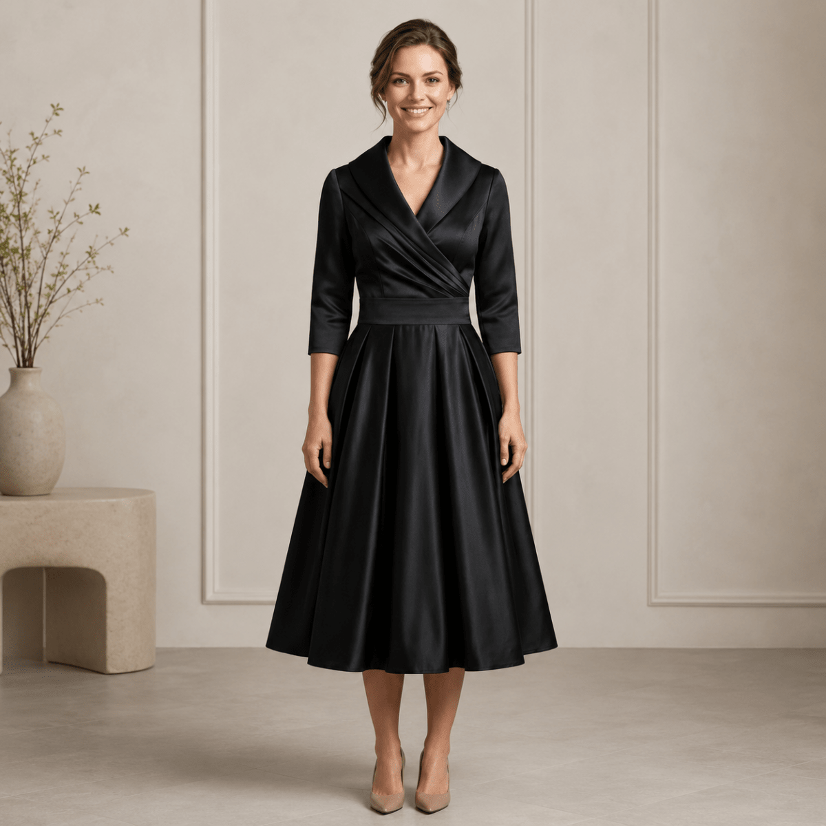 Sloane | Women's Long Sleeve Wrap Neck Pleated Midi Dress