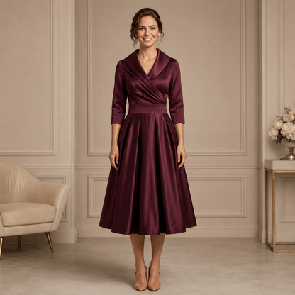 Sloane | Women's Long Sleeve Wrap Neck Pleated Midi Dress