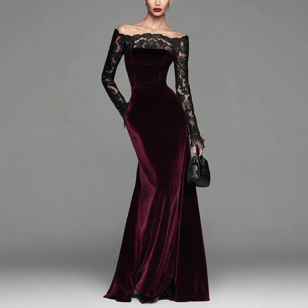 Faye | Women's Winter Velvet Lace Sleeve Maxi Dress