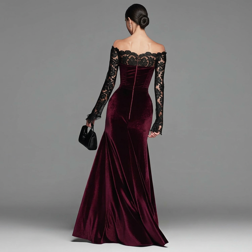 Faye | Women's Winter Velvet Lace Sleeve Maxi Dress