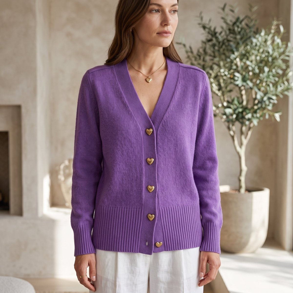 V-Neck Heart Button Ribbed Cuff Cardigan