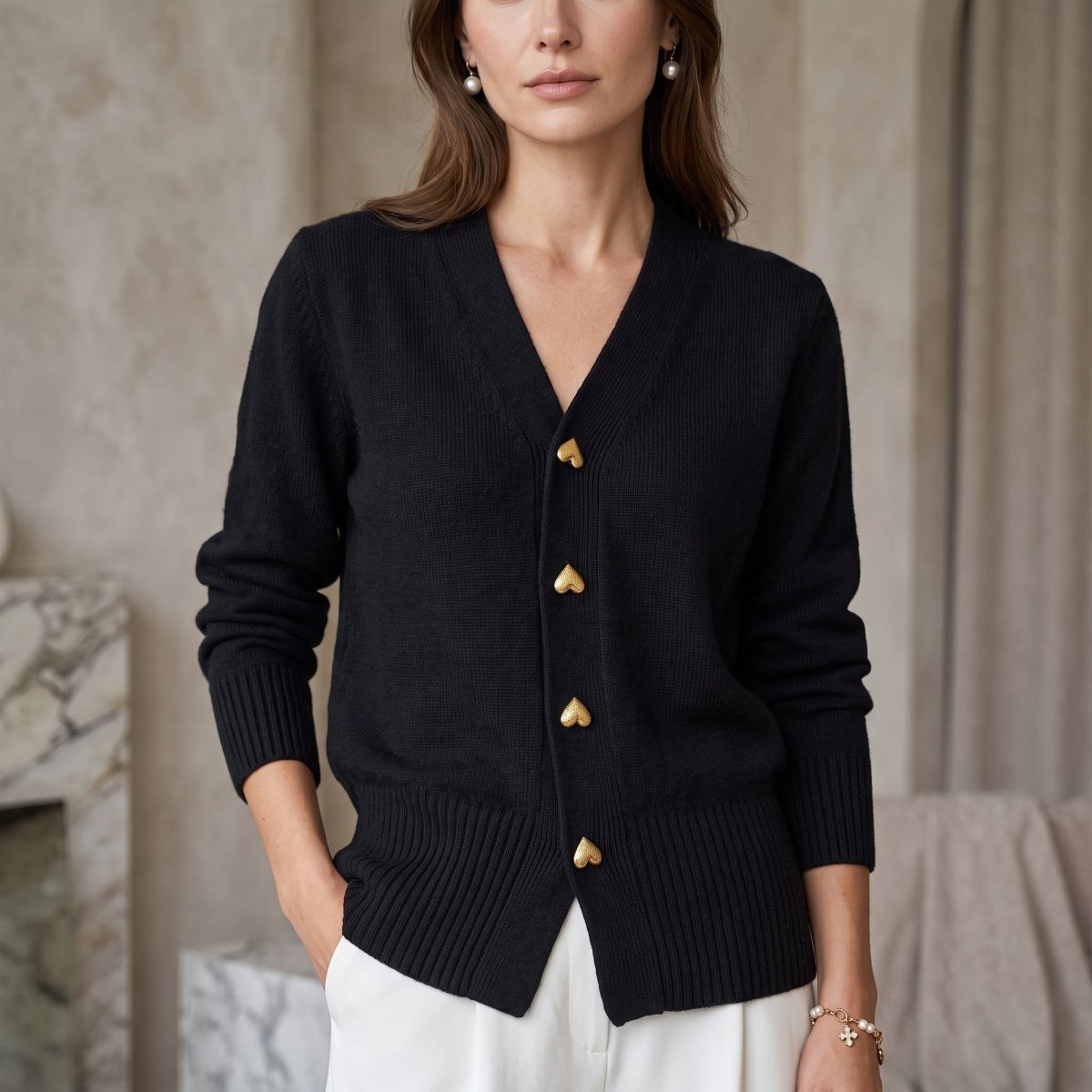 V-Neck Heart Button Ribbed Cuff Cardigan