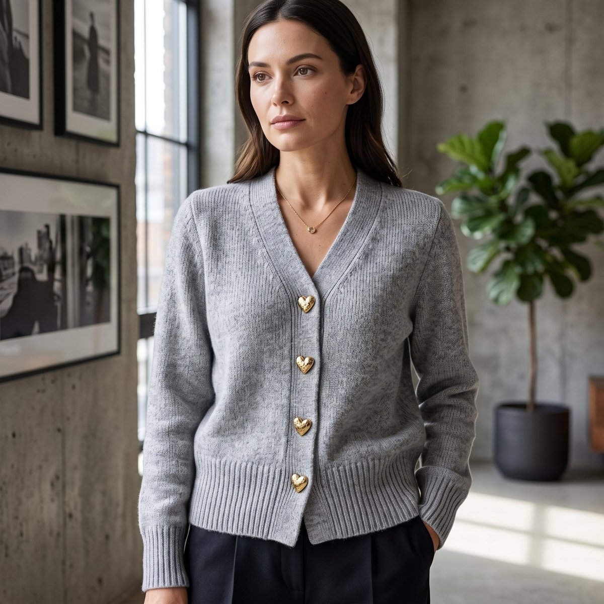 V-Neck Heart Button Ribbed Cuff Cardigan
