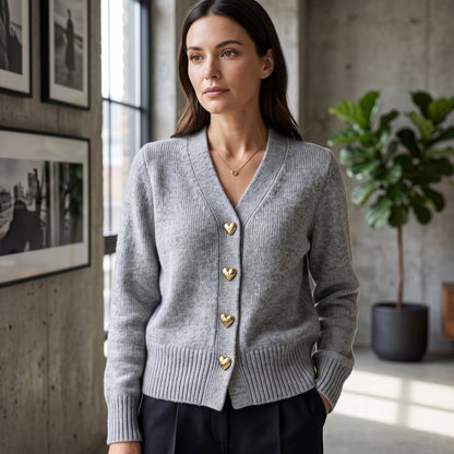 V-Neck Heart Button Ribbed Cuff Cardigan