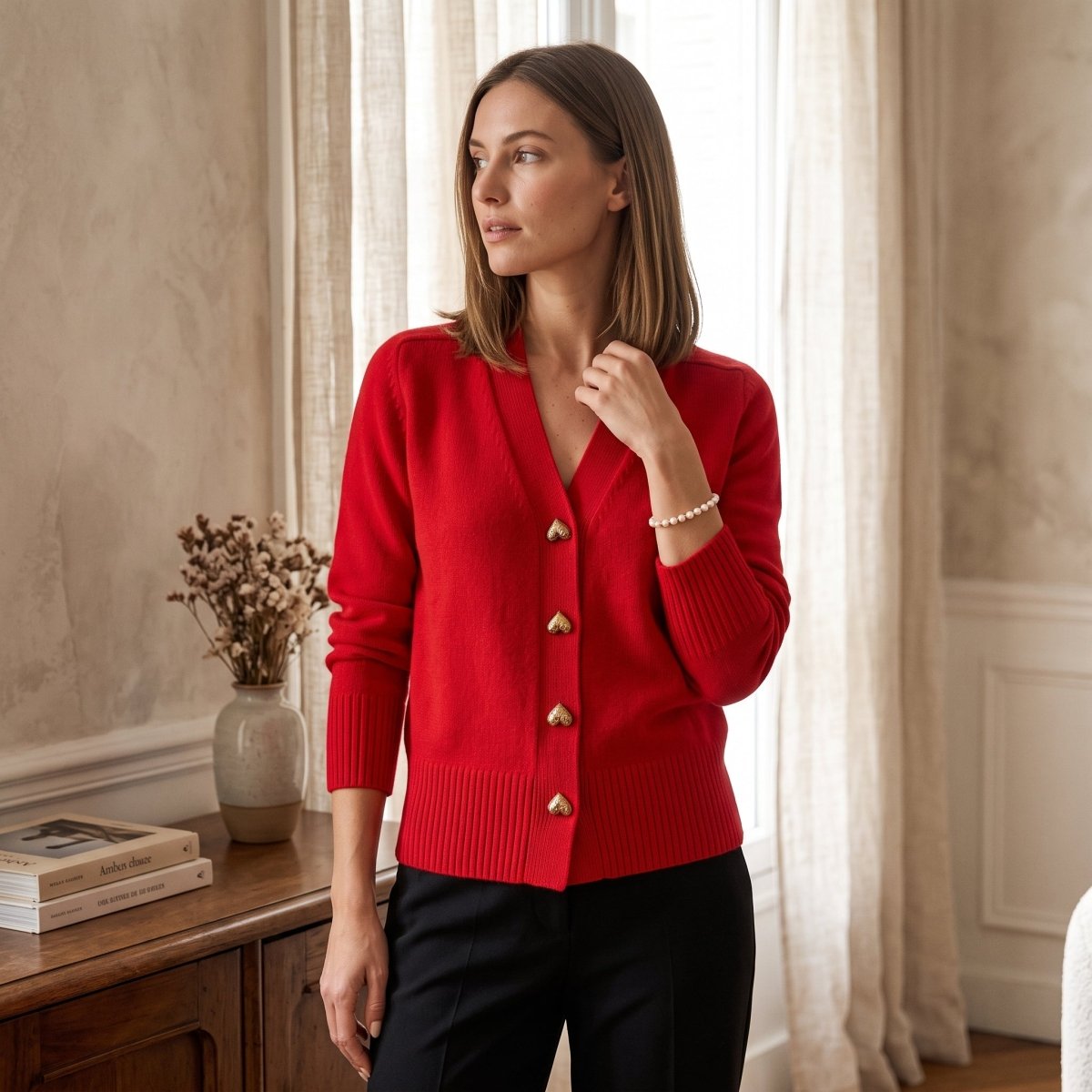 V-Neck Heart Button Ribbed Cuff Cardigan