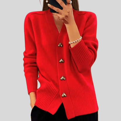 V-Neck Heart Button Ribbed Cuff Cardigan