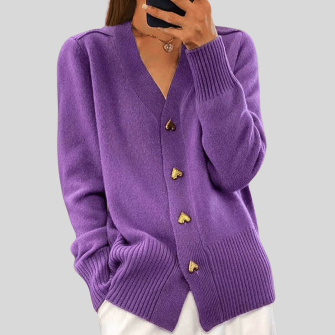V-Neck Heart Button Ribbed Cuff Cardigan