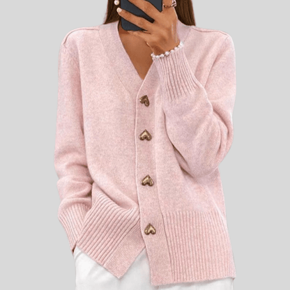 V-Neck Heart Button Ribbed Cuff Cardigan