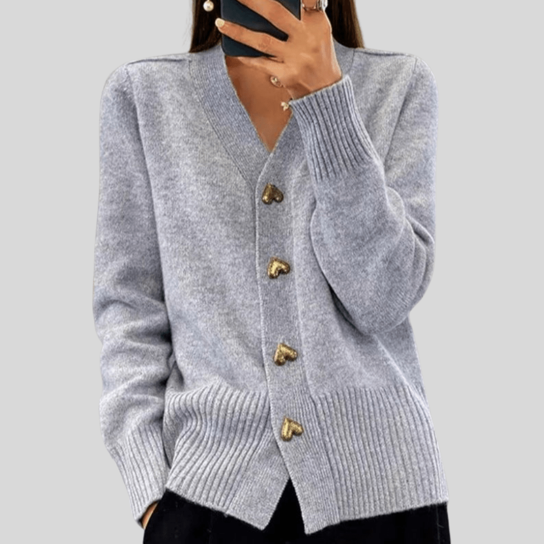 V-Neck Heart Button Ribbed Cuff Cardigan