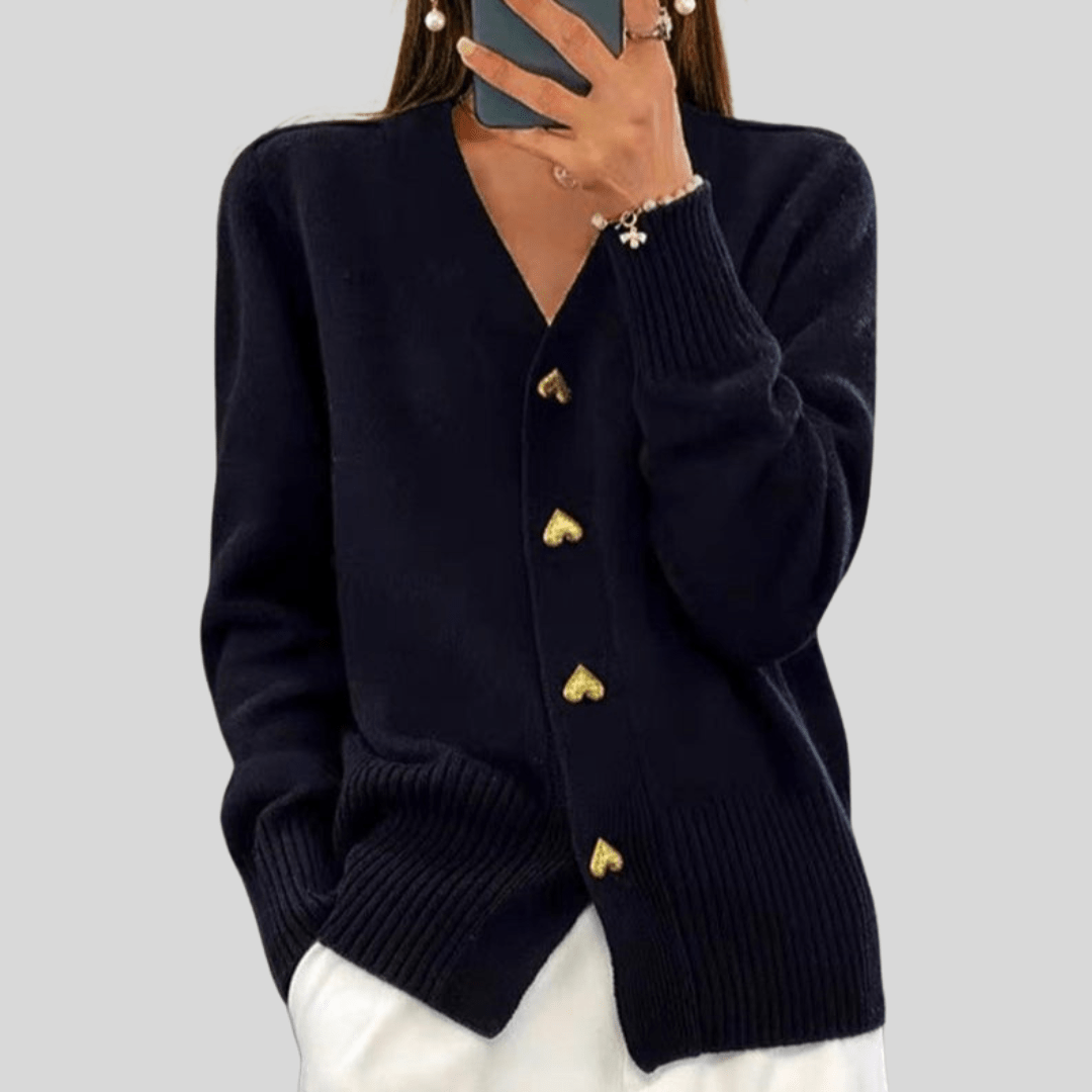 V-Neck Heart Button Ribbed Cuff Cardigan