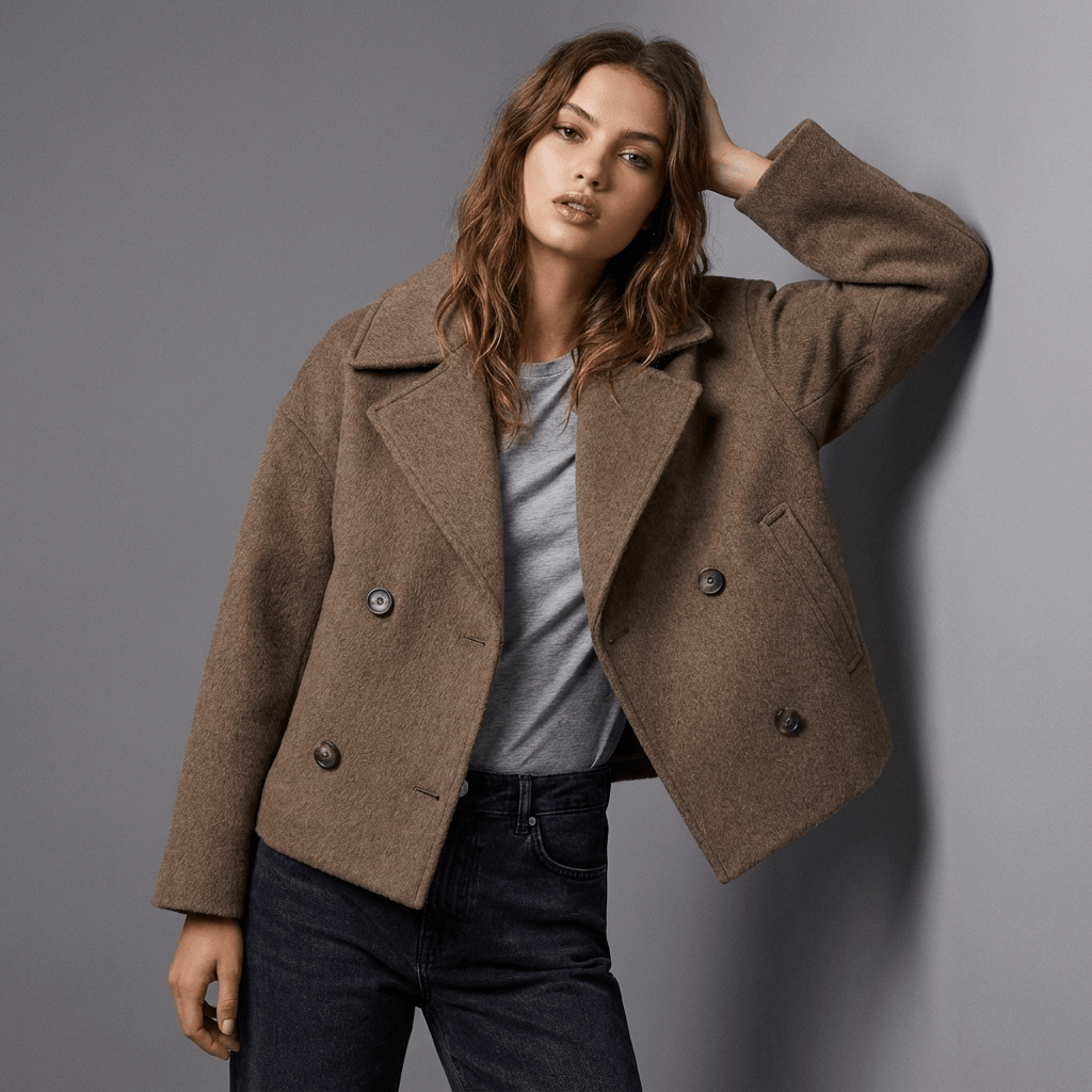 Erma | Women's Double-Breasted Short Coat with Lapel Collar