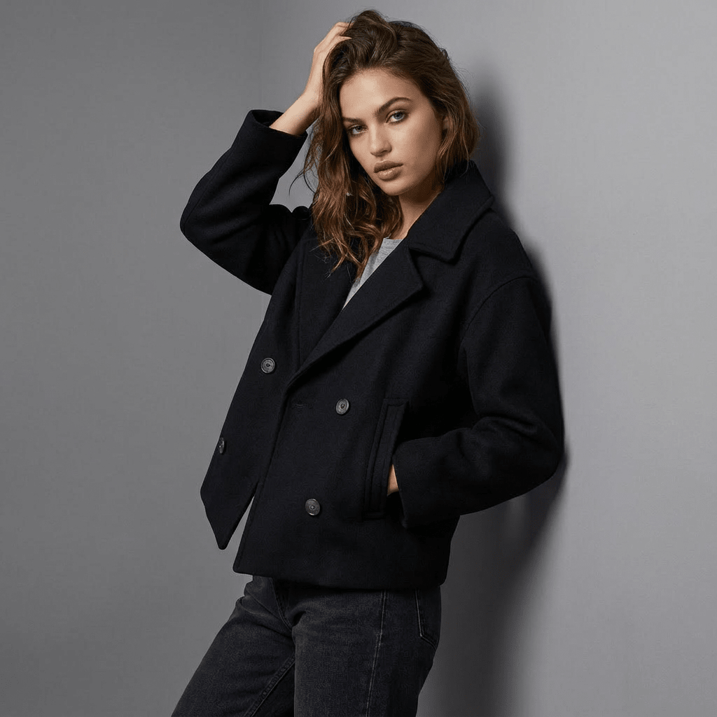 Erma | Women's Double-Breasted Short Coat with Lapel Collar