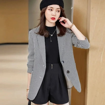 Juno | Women's Plaid Collarless Slim Fit Blazer Jacket