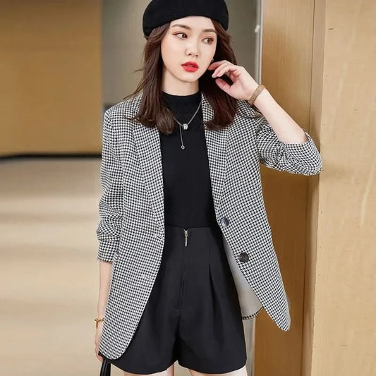 Juno | Women's Plaid Collarless Slim Fit Blazer Jacket