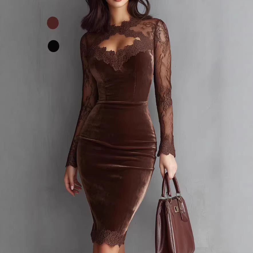 Octavia | Women's Velvet Lace Evening Midi Dress
