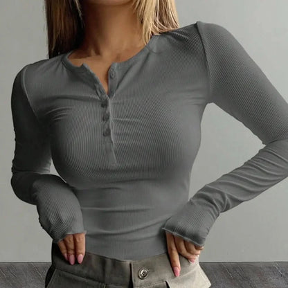 Tove | Women's Ribbed Long-Sleeve Button-Neck Top