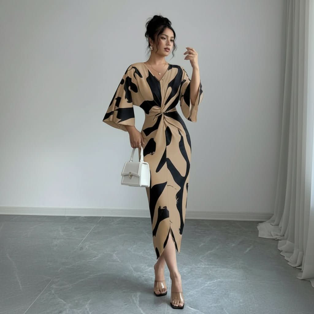 Faye | Women's Abstract Print Twist Waist Midi Dress