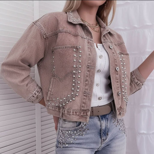 Kira | Women's Cropped Pink Embellished Pocket Jacket