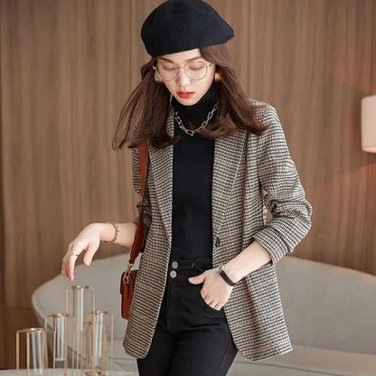Juno | Women's Plaid Collarless Slim Fit Blazer Jacket