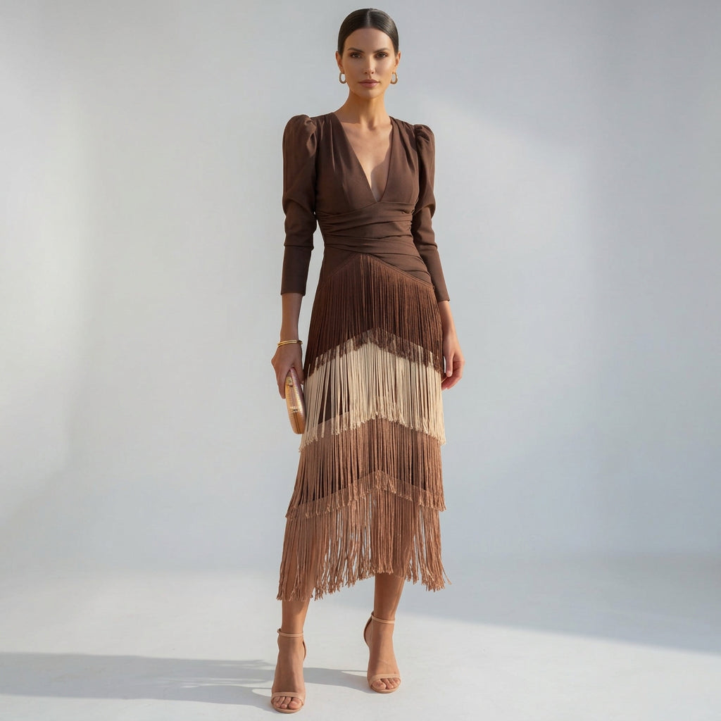 Noa | Women's V-Neck Cascade Fringe Occasion Dress
