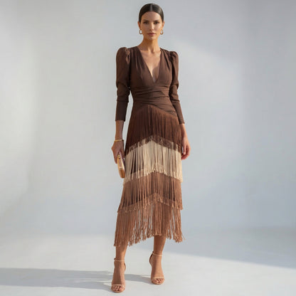 Noa | Women's V-Neck Cascade Fringe Occasion Dress
