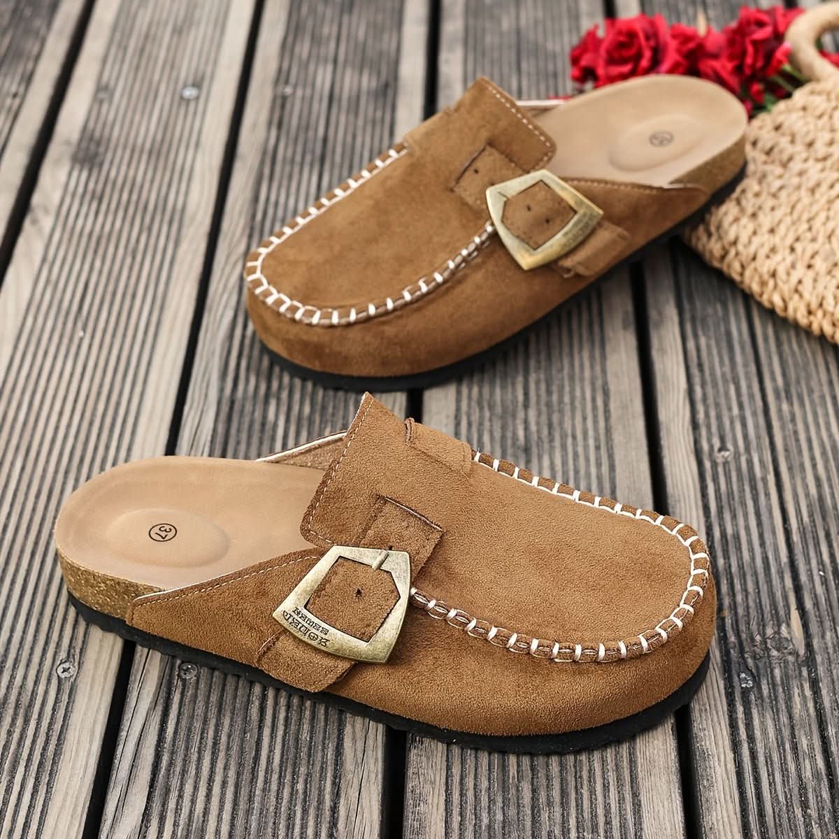 Gia | Damen-Mules zum Hineinschlüpfen mit Retro-Schnalle und flachem Absatz