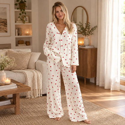 Indie | Women's Heart Print Two-Piece Pyjama Set