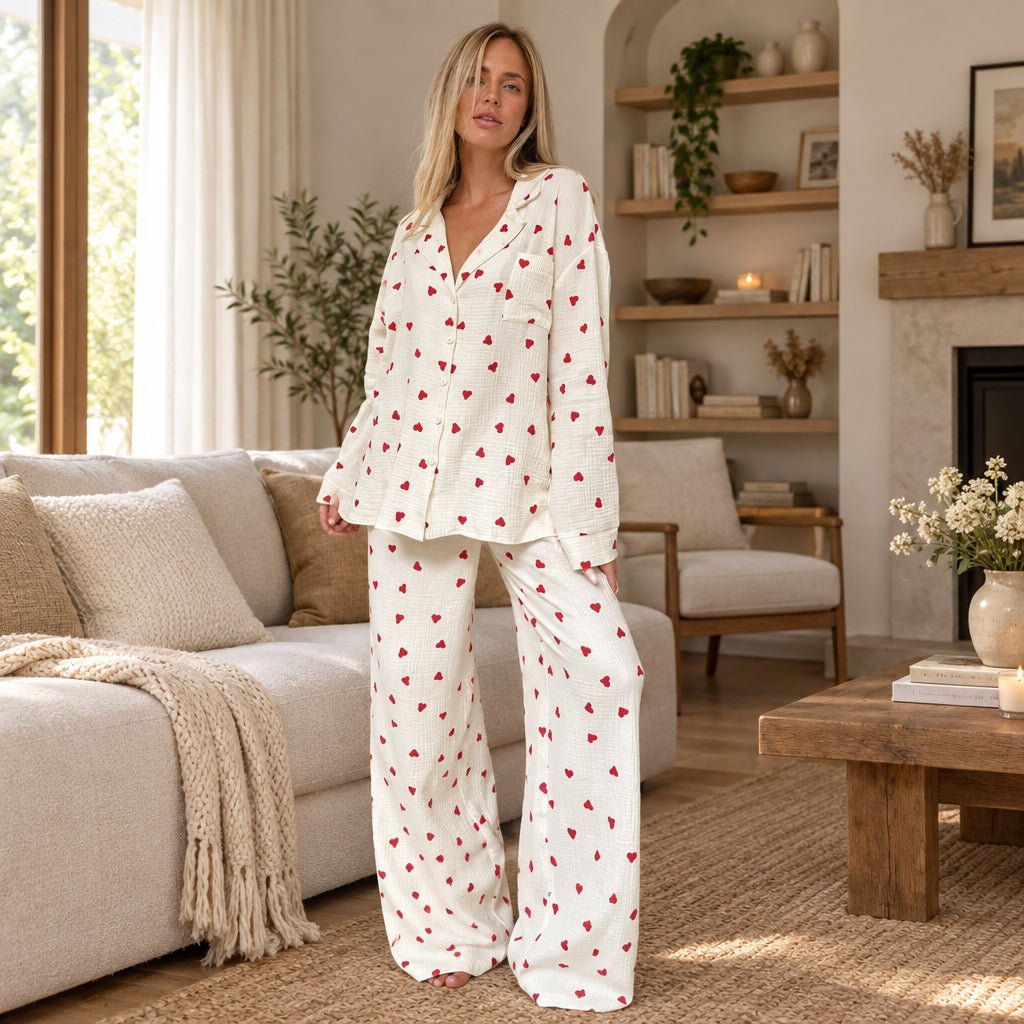 Indie | Women's Heart Print Two-Piece Pyjama Set