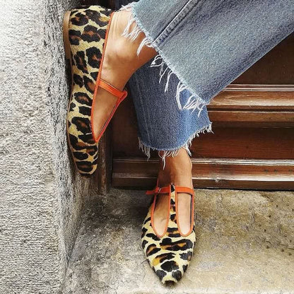 Harlow | Women's Leopard Print T-Strap Flat Shoes