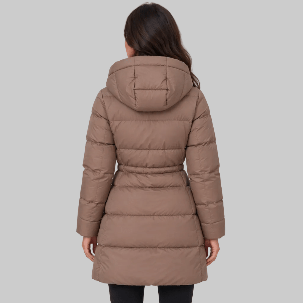 Billie taupe coat, back view