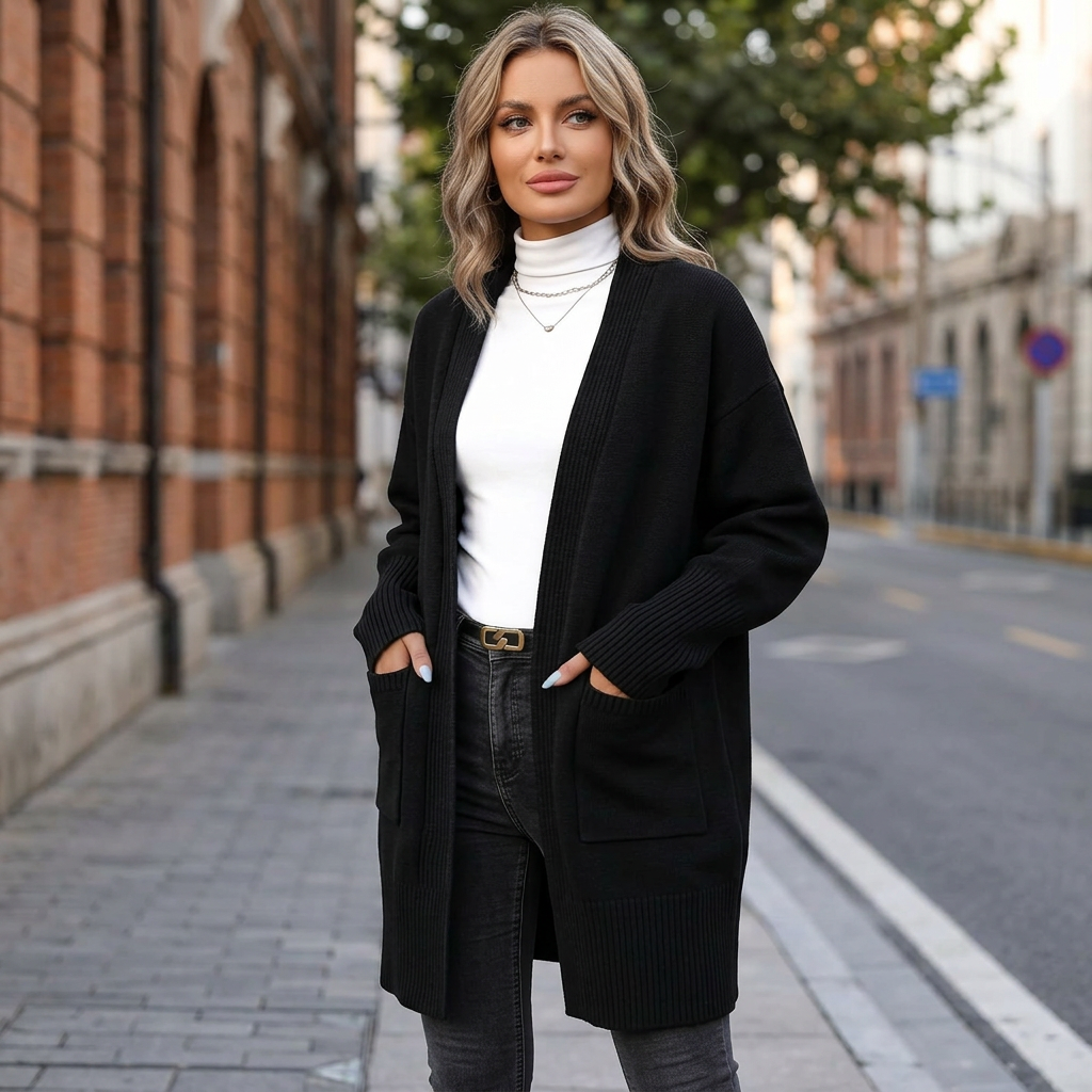 Black cardigan sidewalk image